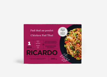 Purple box of Ricardo Chicken Pad Thai with a plate full of pad Thai noodles and chicken strips and veggies on the front