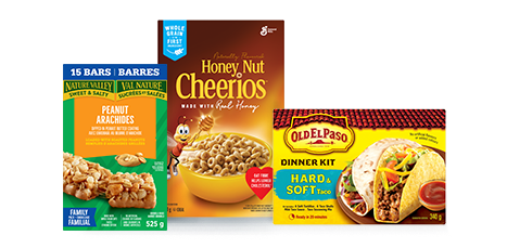 This image contains three products in boxes: Peanut Arachides, Honey-Nut Cheerios, and Old El Paso dinner kit.