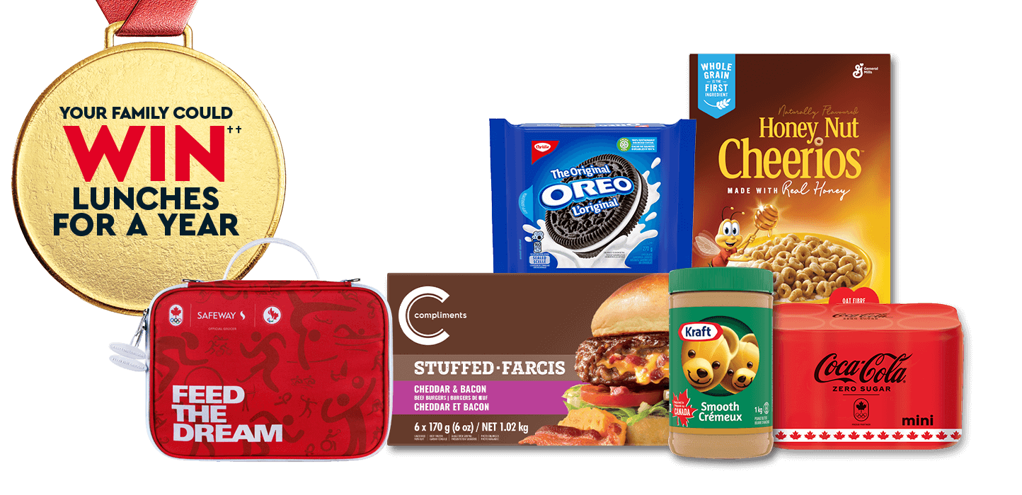 The following image contains the text: "Your family could win lunches for a year with these products from Safeway: Oreo Biscuits, Honey Nut Cheerios, Stuffed Farcis, Kraft Smooth Cream, mini Coca-Cola cans, and Feed the Dream bag"