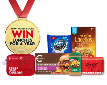 The following image contains the text: "Your family could win lunches for a year with these products from Safeway: Oreo Biscuits, Honey Nut Cheerios, Stuffed Farcis, Kraft Smooth Cream, mini Coca-Cola cans, and Feed the Dream bag"