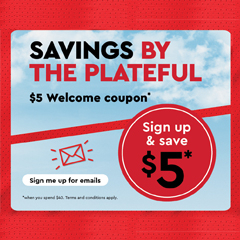 A promotional image with the text "Savings By The Plateful" and "$5 Welcome Coupon." There's an envelope icon with the text "Sign me up for emails." A red circle states, "Sign up & Save $5."