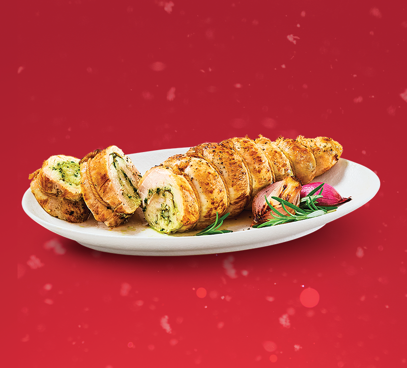 Turkey porchetta roast on red background