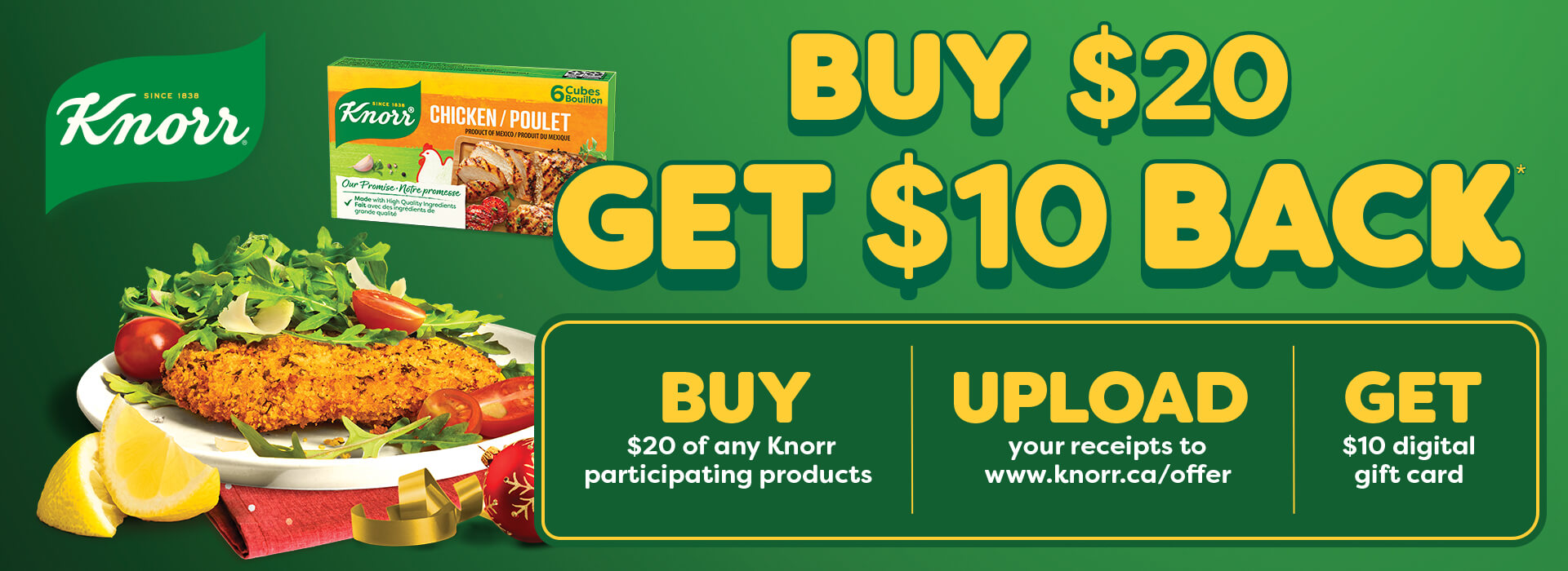 A picture of the Knorr logo, bouillon cube chicken product, and a plate of breaded chicken on the left and the information about the buy $20 get $10 back on the right