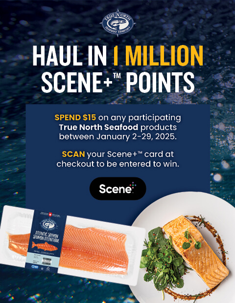 Haul in 1 million Scene+ points on the left and information about the contest with a plate of cooked salmon and raw salmon in the package on the right.