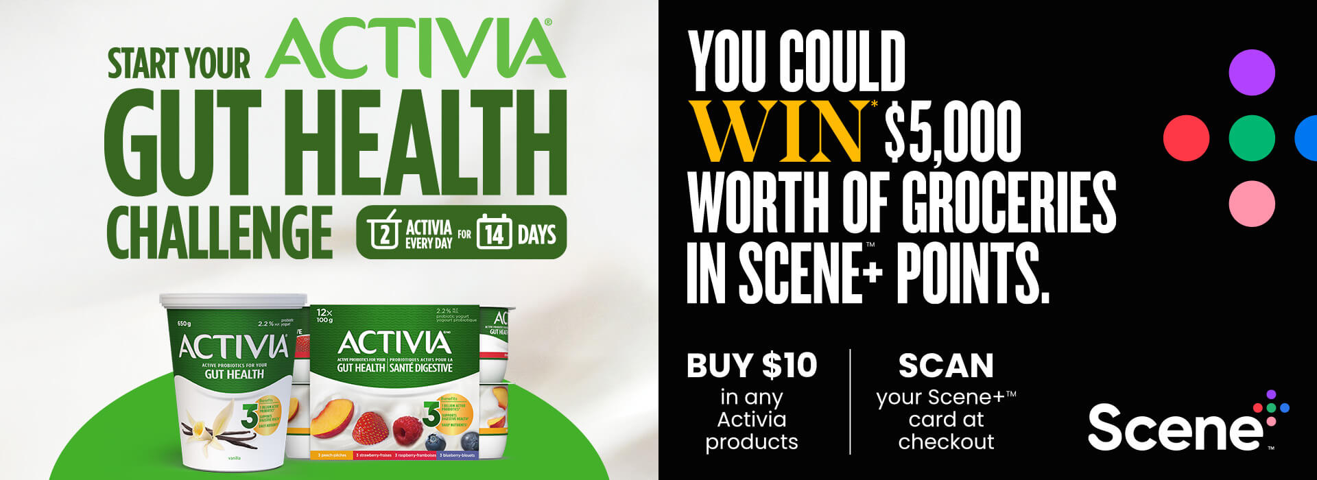 The right side of the image has the contest CTA on a black background with a logo and the left side has the challenge slogan on the top and Activia yogurt containers underneath